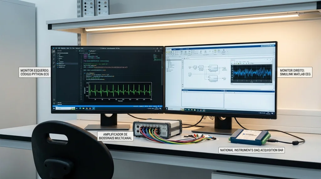 Laboratorio de engenharia biomedica com monitores exibindo codigo Python e interface MATLAB Simulink lado a lado para processamento de biossinais