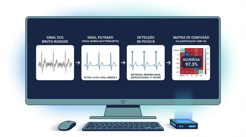 Pipeline de processamento de sinal ECG mostrando filtragem digital Butterworth, deteccao de picos R e classificacao de arritmias por rede neural convolucional 1D