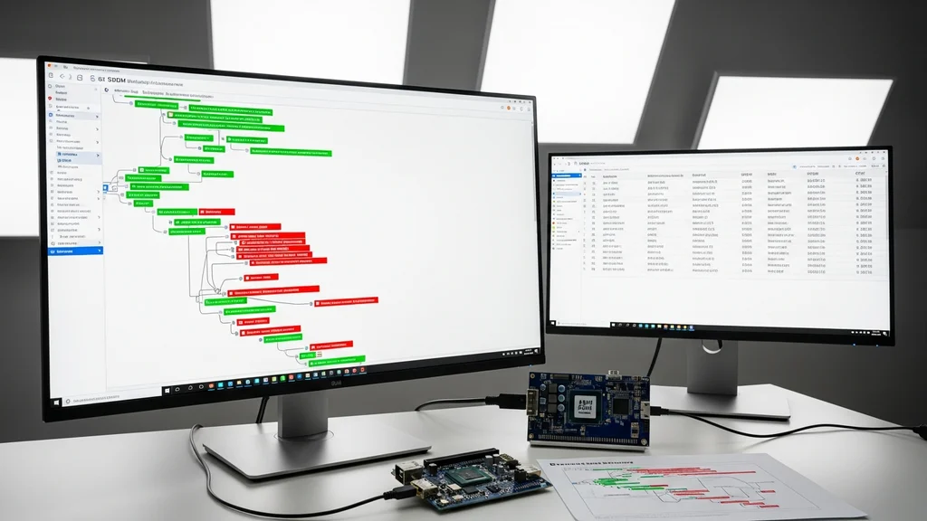 Análise de SBOM para dispositivo médico: monitor com árvore de dependências de software, indicadores de vulnerabilidades CVE e placa de circuito embarcado conectada via cabo de debug