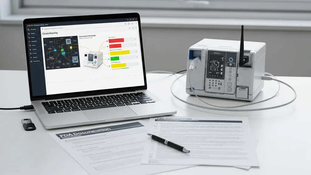 Estação de trabalho para revisão de cibersegurança de dispositivos médicos: laptop com dashboard de vulnerabilidades, dispositivo médico conectado via rede, documentação FDA e chave de segurança USB