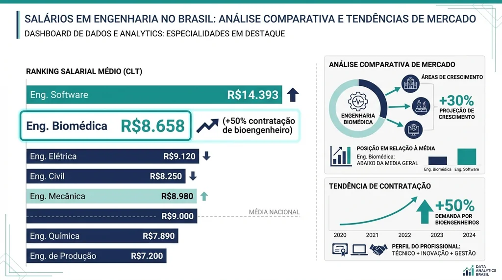 Comparação de salários entre engenharias mostrando posição da engenharia biomédica no ranking CAGED 2026