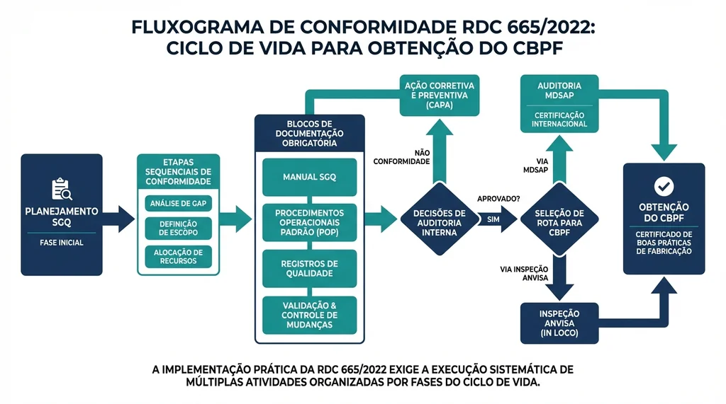 Fluxograma do processo de conformidade com a RDC 665/2022 desde implementação do SGQ até obtenção do CBPF