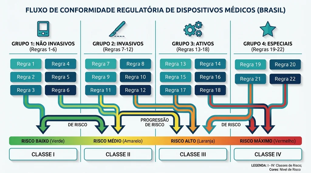 Fluxograma das 22 regras de classificação RDC 751/2022 organizadas em 4 grupos de risco de dispositivos médicos ANVISA