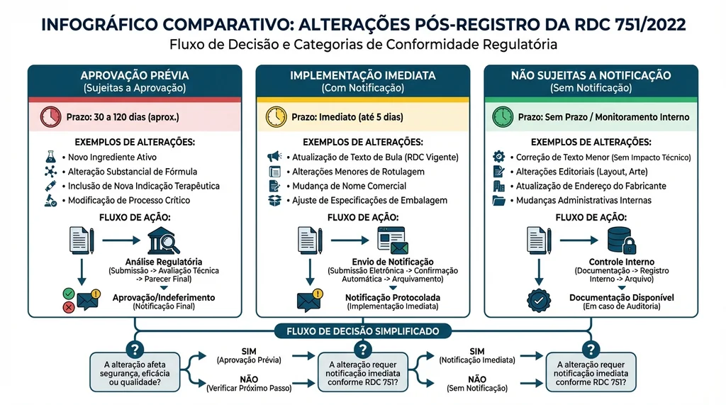 Infográfico das três categorias de alterações pós-registro RDC 751/2022 com exemplos e fluxos de aprovação ANVISA dispositivos médicos