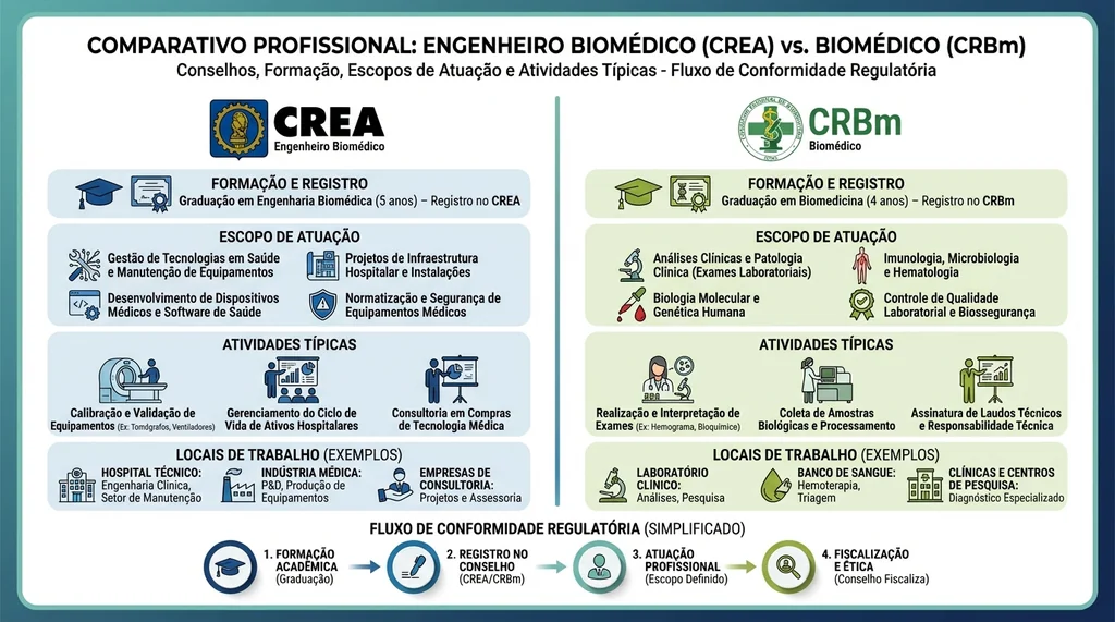 Comparativo visual entre Engenheiro Biomédico registrado no CREA e Biomédico registrado no CRBm com escopos de atuação distintos
