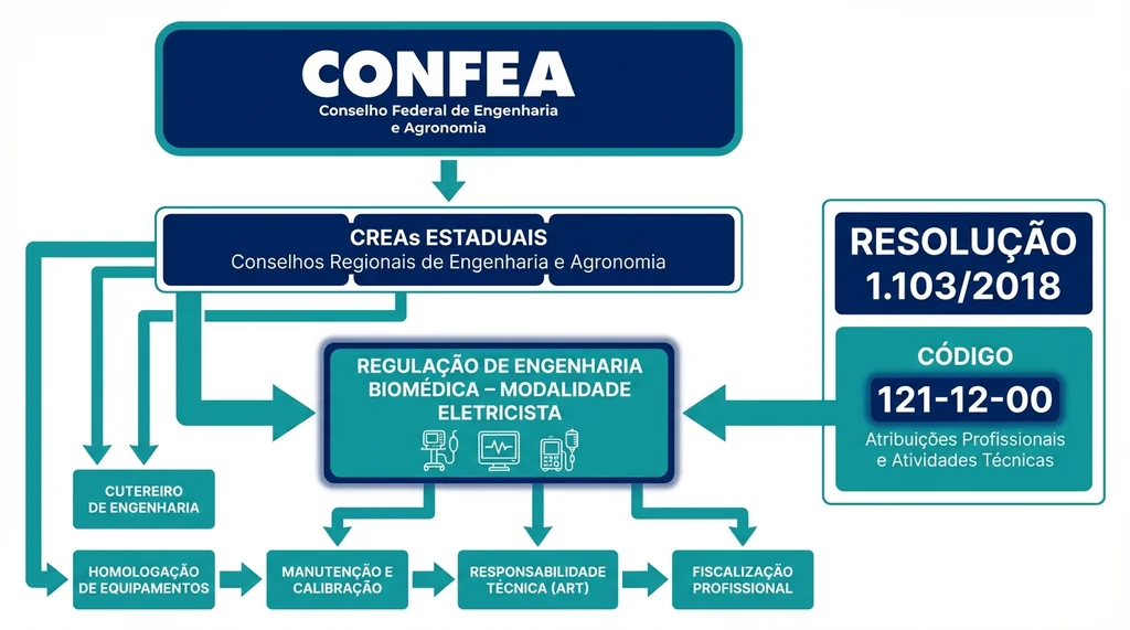 Diagrama hierárquico do sistema CONFEA/CREA mostrando a posição do Engenheiro Biomédico com código 121-12-00 e Resolução 1.103/2018