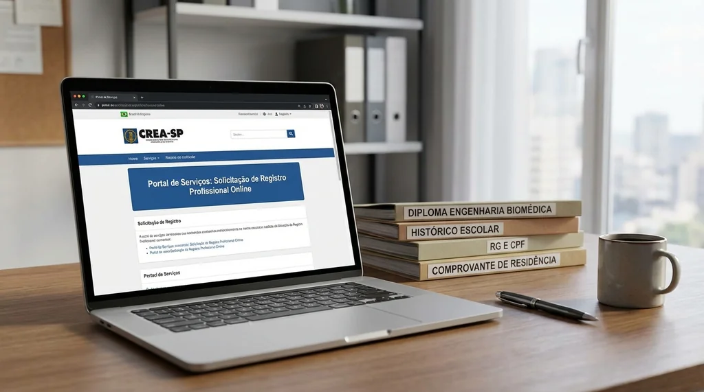 Engenheiro biomédico recém-formado organizando documentos para registro no CREA com diploma e histórico escolar sobre a mesa