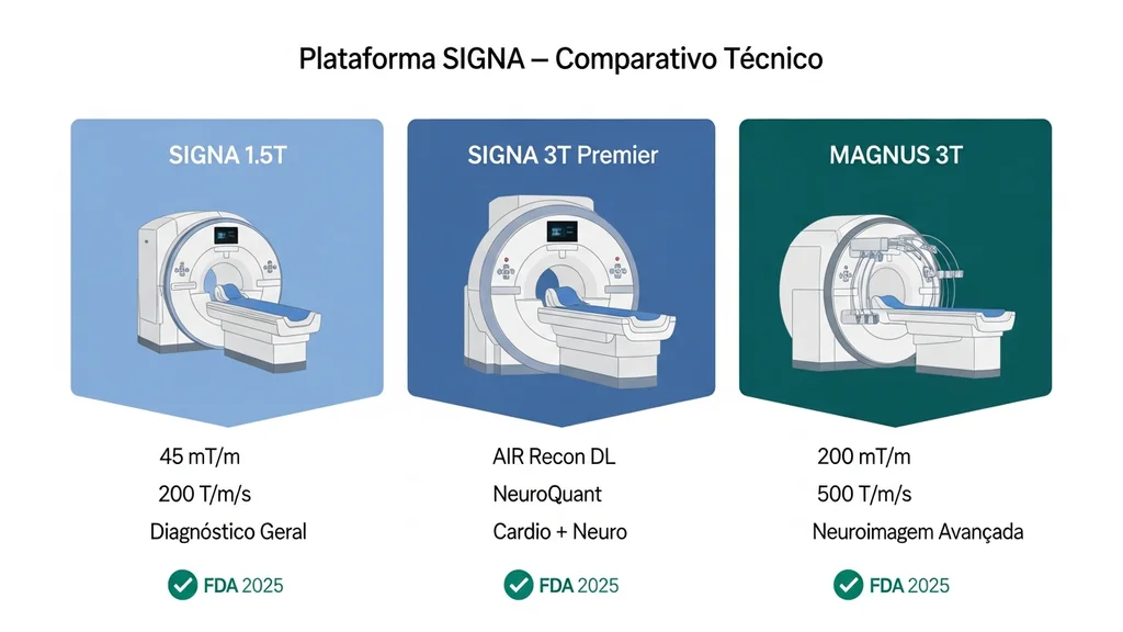 Comparativo técnico das plataformas SIGNA 1.5T, 3T e gradientes MAGNUS com especificações de campo e desempenho clínico