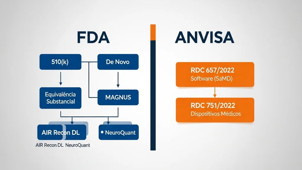 Fluxograma comparativo do processo de aprovação FDA 510k e De Novo versus ANVISA RDC 657 para software de IA em ressonância magnética