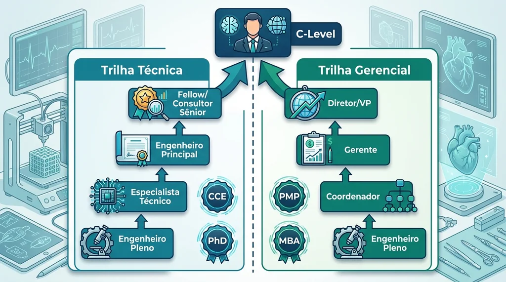 Diagrama comparativo mostrando trilha técnica e trilha gerencial da carreira do engenheiro biomédico com cargos certificações e competências de cada caminho
