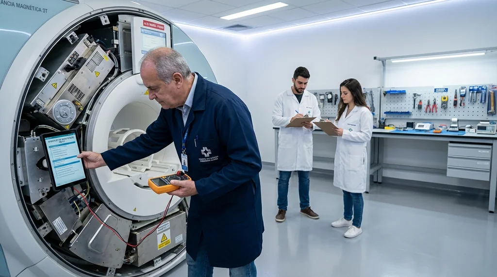Engenheiro biomédico sênior orientando equipe júnior durante inspeção técnica de equipamento de ressonância magnética em laboratório de engenharia clínica hospitalar