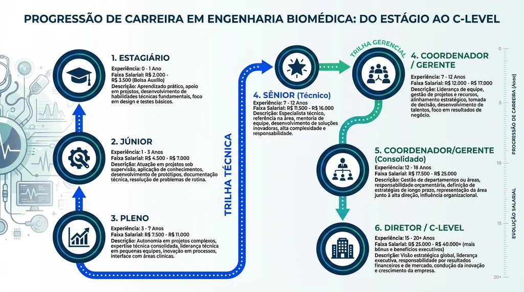 Infográfico tipo timeline mostrando os seis estágios da carreira do engenheiro biomédico do estágio obrigatório ao cargo de diretor ao longo de 15 a 20 anos