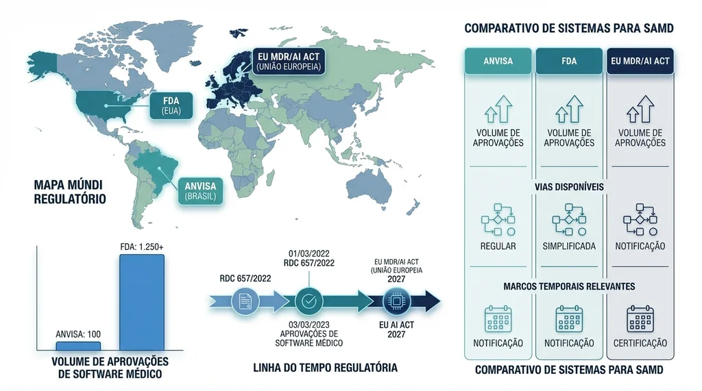 Comparação entre os sistemas regulatórios ANVISA, FDA e EU MDR para aprovação de SaMD mostrando volume de aprovações e principais marcos regulatórios de cada jurisdição