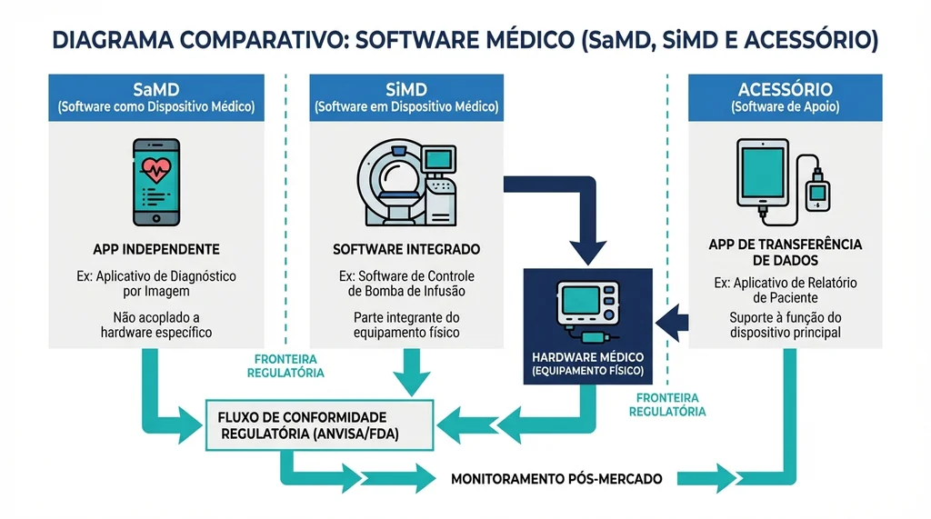 Diagrama comparativo entre SaMD, SiMD e software acessório de dispositivo médico com exemplos e fronteiras regulatórias definidas pela ANVISA e IMDRF