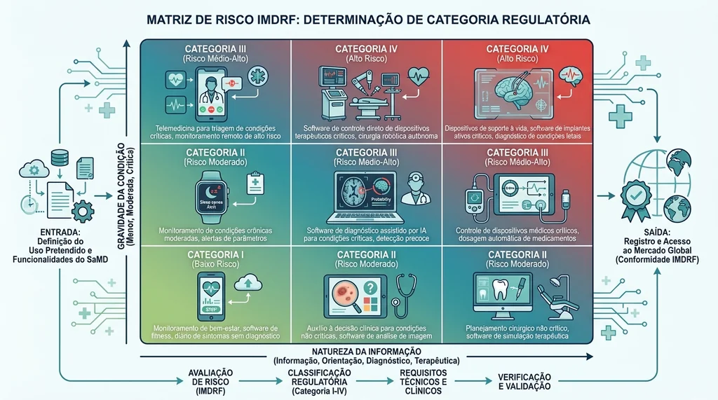 Matriz de risco IMDRF 3x3 mostrando categorias I a IV para classificação de SaMD com base em natureza da informação gerada e gravidade da condição clínica