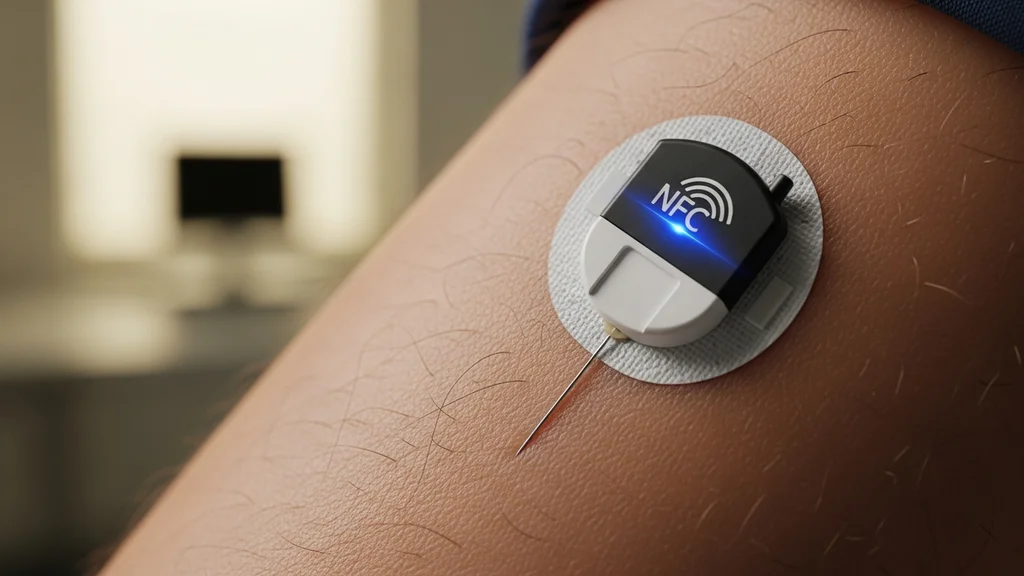 Diagrama de corte transversal de sensor CGM mostrando agulha intersticial, membrana enzimática de glicose-oxidase e transmissão Bluetooth da glicemia