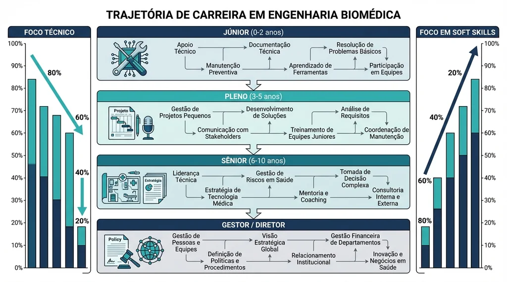 Diagrama de progressão de carreira em engenharia biomédica, mostrando a evolução do foco técnico para soft skills.