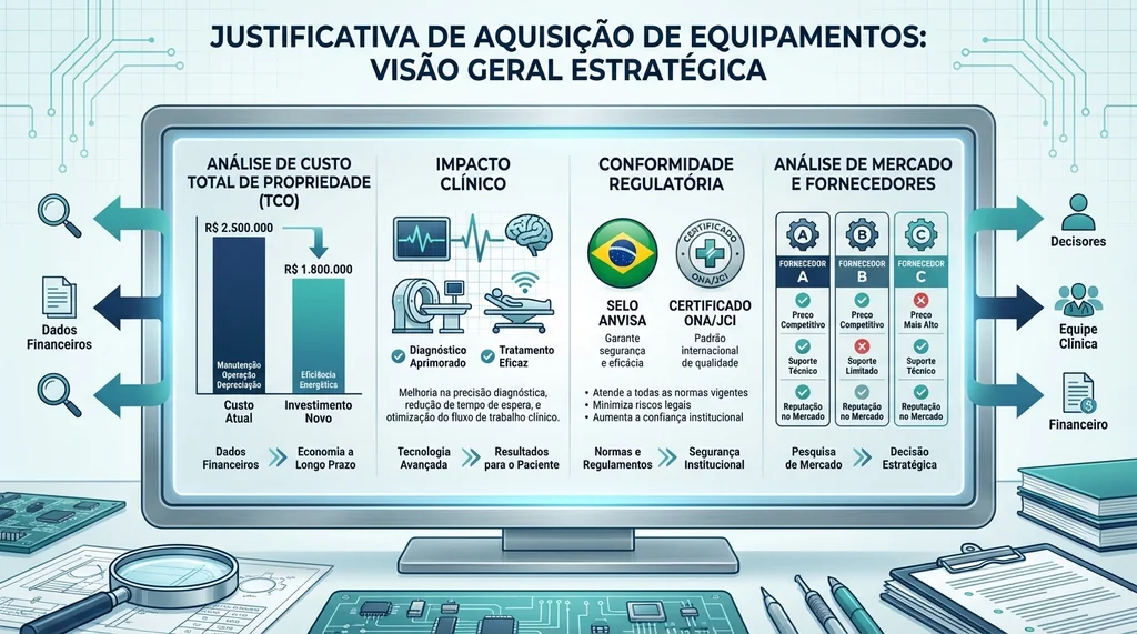Infográfico detalhando elementos de uma apresentação para justificar aquisição de equipamentos hospitalares.