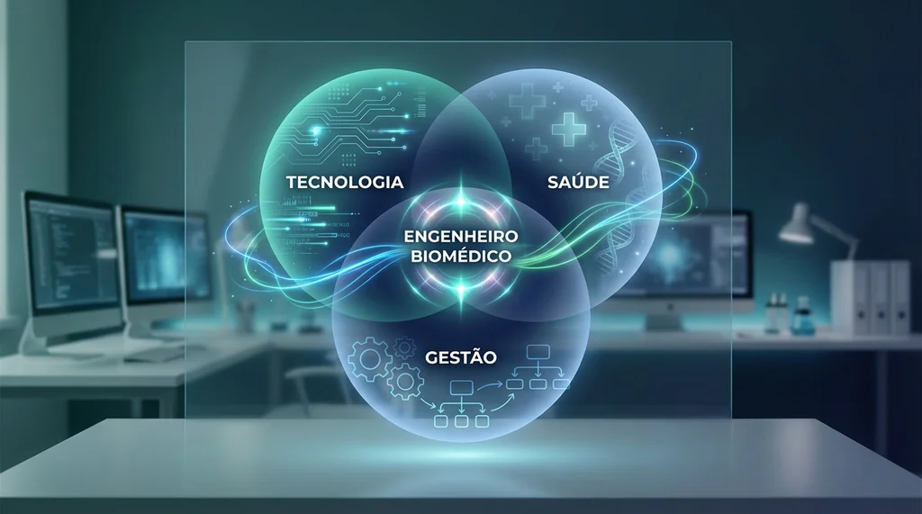 Representação conceitual da interseção entre tecnologia, saúde e gestão, central para o engenheiro biomédico.