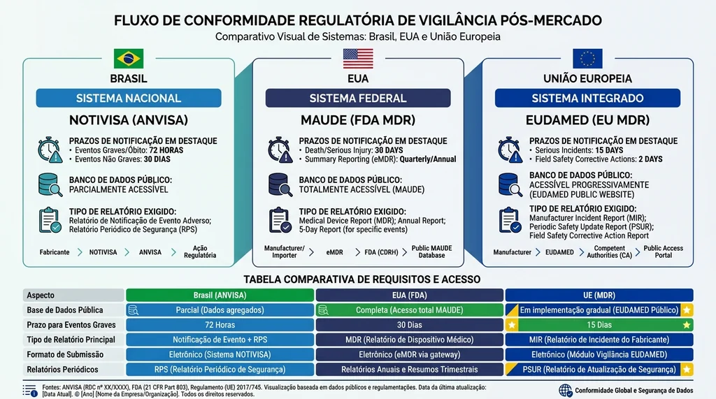 Comparativo dos sistemas de tecnovigilância do Brasil NOTIVISA, EUA FDA MAUDE e União Europeia EU MDR EUDAMED