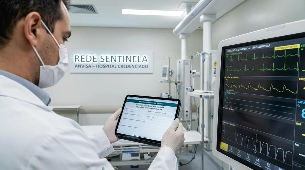 Engenheiro clínico inspecionando equipamento médico em UTI hospitalar como parte da Rede Sentinela de tecnovigilância da ANVISA