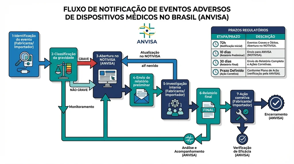 Fluxograma do processo de notificação de eventos adversos de dispositivos médicos no sistema NOTIVISA da ANVISA com prazos regulatórios