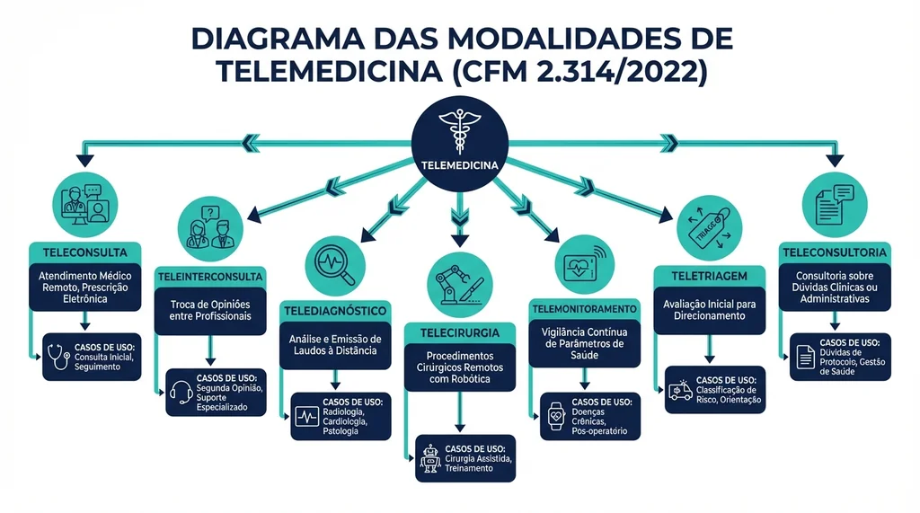 Diagrama das sete modalidades de telemedicina brasileira conforme CFM 2314/2022 com definições e exemplos de aplicação clínica
