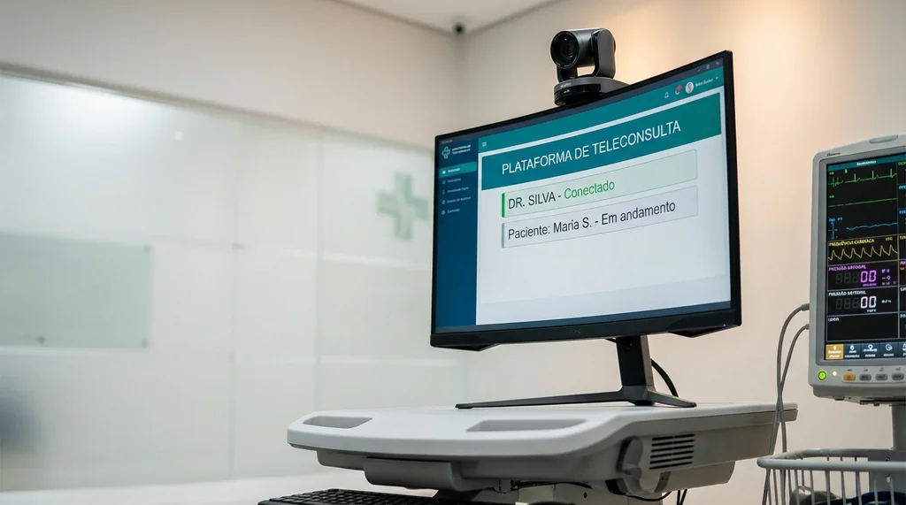 Médico realizando teleconsulta em consultório moderno com plataforma digital de telemedicina em monitor de alta resolução