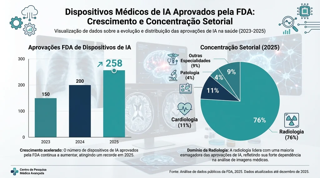 Gráfico mostrando o crescimento exponencial de publicações sobre inteligência artificial em saúde e a distribuição de aprovações FDA por especialidade médica
