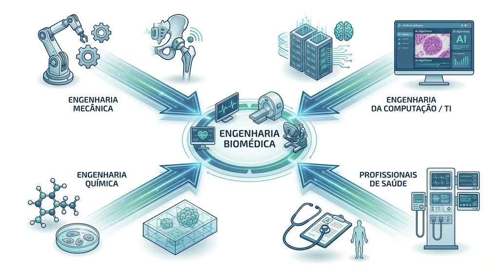 Ilustração das rotas de transição para engenharia biomédica, mostrando áreas de origem e suas aplicações em dispositivos médicos.