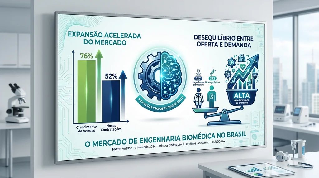 Infográfico detalhado sobre o crescimento do mercado de engenharia biomédica no Brasil, mostrando a demanda e oferta de profissionais.