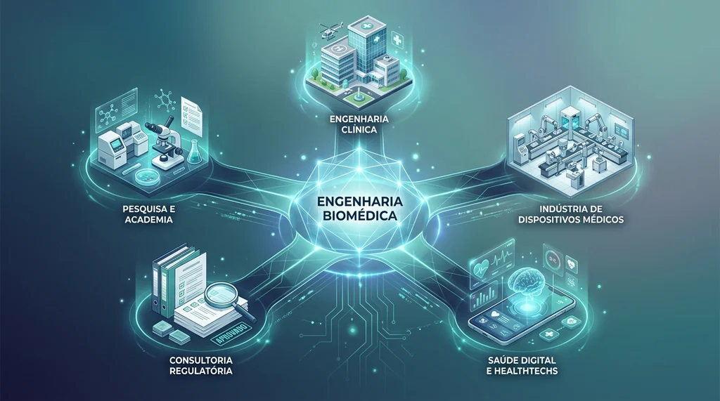 Visualização conceitual do mercado de trabalho em engenharia biomédica, destacando os principais setores de atuação.