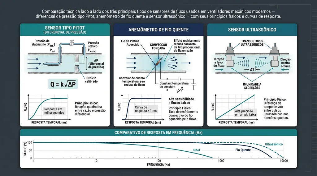 Diagrama comparativo dos sensores de fluxo em ventiladores mecânicos mostrando tubo de Pitot diferencial, anemômetro de fio quente e sensor ultrassônico com princípios físicos e curvas de resposta em frequência