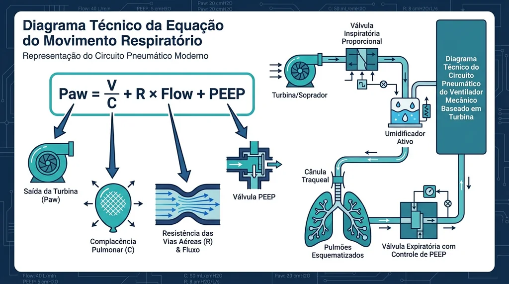 Diagrama técnico da equação do movimento respiratório Paw igual V sobre C mais R vezes Flow mais PEEP com circuito pneumático completo de ventilador mecânico moderno com turbina