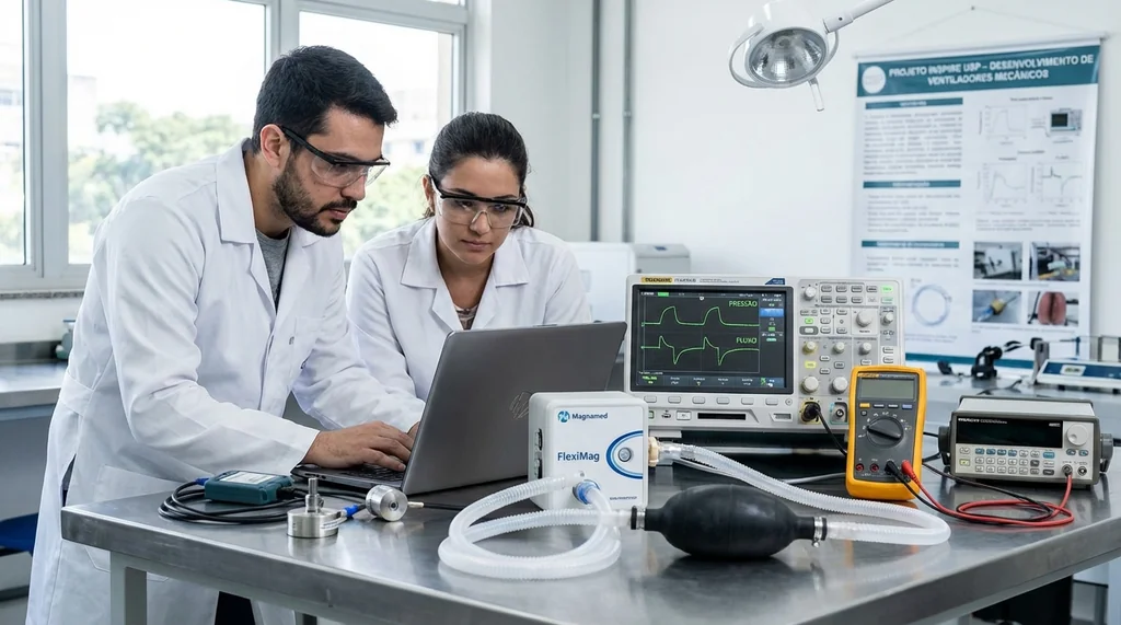 Engenheiros brasileiros em laboratório de pesquisa e desenvolvimento testando ventilador mecânico nacional em bancada com pulmão artificial instrumentada e monitoramento digital em tempo real