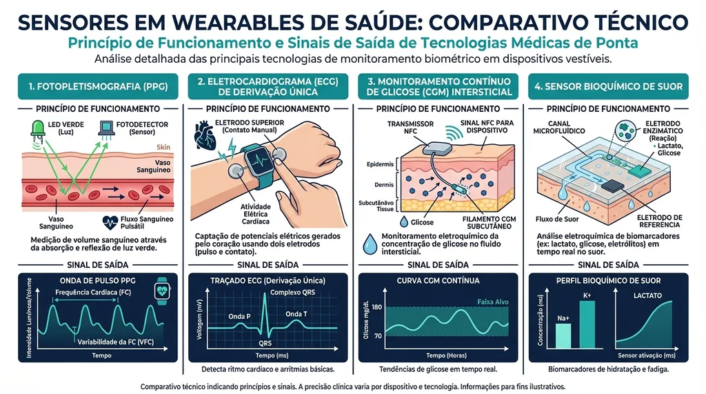 Diagrama técnico comparativo dos quatro principais sensores em wearables de saúde: PPG óptico, ECG de derivação única, CGM intersticial e sensor bioquímico de suor com princípios de funcionamento