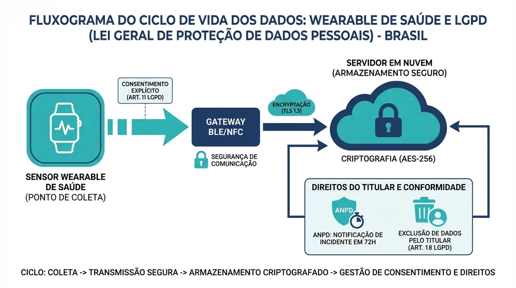 Fluxograma do ciclo de vida de dados de wearables de saúde conforme a LGPD brasileira, coleta, transmissão criptografada, armazenamento seguro, consentimento explícito e direitos do titular
