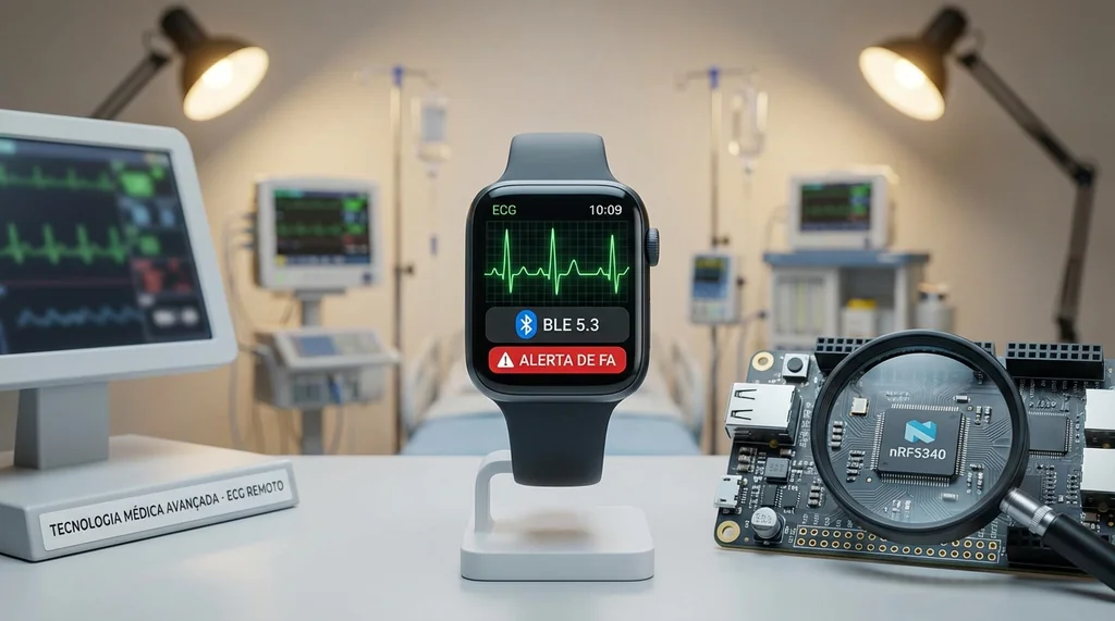 Profissional de saúde monitorando dados de ECG transmitidos por wearable com BLE 5.x em ambiente clínico, com traçado cardíaco e alerta de fibrilação atrial na tela do smartwatch